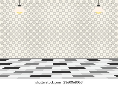 Empty room with tapestry wall and checkered floor, vector illustration