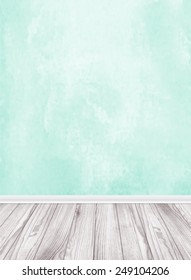 Empty room template with white wooden flooring and blue wall