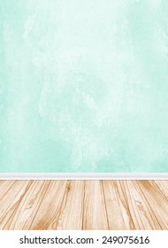 Empty room template with wooden flooring and blue wall