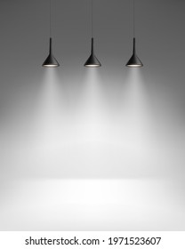 Empty room with three bright lamps