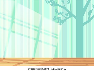 empty room in turquoise light with sunlight on the wall and the reflection of the window