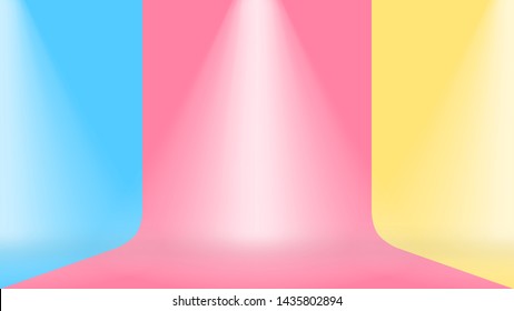 empty room wall blue pink and yellow pastel colors background, studio stage floor pastel color soft and lighting scene, stage backdrop colorful and spotlight shine, backdrop colorful room pastel color