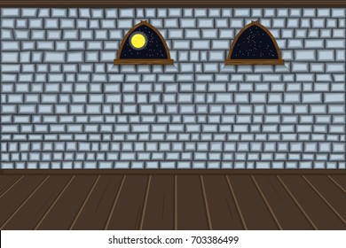 Empty room. Wall of brick, Windows, floor. The dungeon of the castle. Halloween Cartoon Vector.