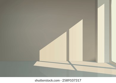 Empty room with warm sunlight casting geometric shadows on walls and floor, creating a modern aesthetic