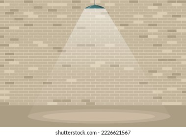 Leeres Zimmer mit weißer Ziegelwand und Deckenleuchte. Vektorrealistische Inneneinrichtung des Studios. Vorlagenschauraum für die Ausstellung im Loft-Stil. Hintergrund für Loft und trendige Showroom oder Café