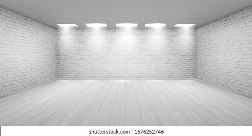 Empty Room With White Brick Walls, Wooden Floor And Ceiling Lamps. Vector Realistic 3d Interior Of Studio, Modern Museum Or Gallery Hall. Template Showroom For Exhibition In Loft Style