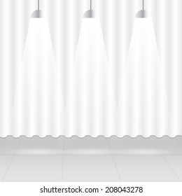 Empty room with white curtain, tile floor and lighting. interior vector.