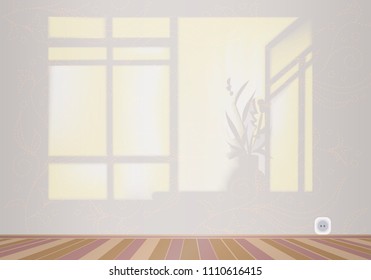 empty room in white light with sunlight on the wall and the reflection of the window
