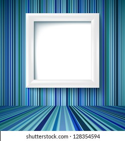 Empty room with white photo frame on striped wallpaper. Vector illustration