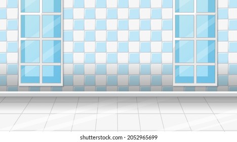 Empty room with white tiles floor and blue checkered wall  illustration