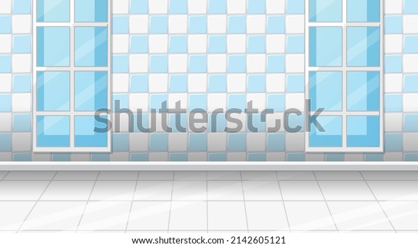 Empty room with white tiles floor and blue\
checkered wall \
illustration