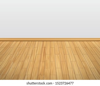 Empty room with white wall and wooden floor interior.laminate flooring, wood texture,wood plank perspective, natural wood, realistic, 3d. Vector illustration