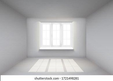 Habitación vacía con paredes blancas y ventana. Sencillo interior sin mobiliario ni mobiliario. La luz del sol cae de la ventana al suelo. Ilustración vectorial.