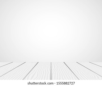 Empty room with white wooden shelves or table. Wood table space for displaying product isolated on white background. EPS 10 Vector illustration.