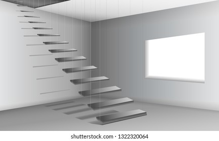 Empty Room with window and the abstract stairs suspended on thin threads. Realistic indoor space - Vector. Graphic image of an empty room, window and  the abstract stairs. Abstract Background.