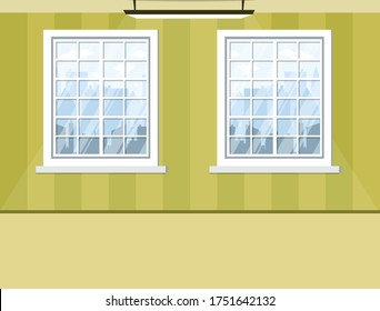 habitación vacía con ventanas de pared verde y suelo. Fondo para el diseño con sombra de la lámpara. Papel pintado paquebote Interior de la habitación. Ilustración del vector