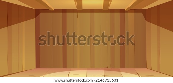 Empty room with wooden walls, ceiling and\
floor. Cartoon textured wood box background for game. Abstract\
barn, farm or ranch indoor interior design with brown or yellow\
planks, 2d vector\
illustration