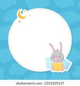 Empty Round Card with Cute Bunny Reading Book Before Bedtime Vector Template