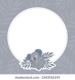 Empty Round Card with Grey Koala Animal with Eucalyptus Branch Vector Template