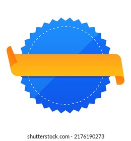 Empty Round Circle Label Or Tag With Ribbon In Blue And Chrome Yellow Color.