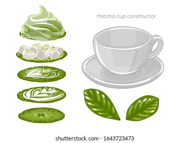 Empty round cup with different versions of fillings. Matcha coffee or tea with milk botanical art, whipped cream and marshmallows. Side view. Vector isolated beverages