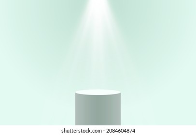 Empty round cylinder with spotlight effect. Product display podium on green background. Mockup template for your design. Concept for advertising or presentation. Minimal design. Vector illustration