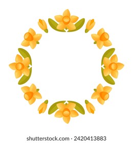 Empty round floral wreath of daffodils on a white background.