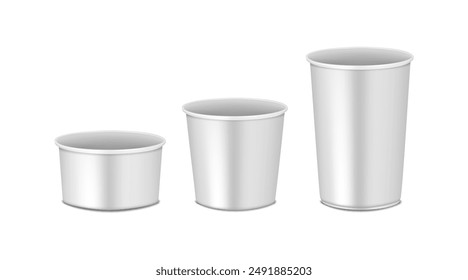 Empty round food container without lid set. 3d mockup. Bowl, cup. Realistic vector mock-up. Template for design