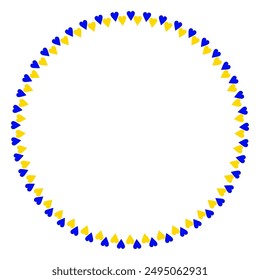 Empty round frame consists of small blue and yellow hearts, isolated on a transparent background. Copy space. Ukrainian frame for Independence day of Ukraine. Vector illustration