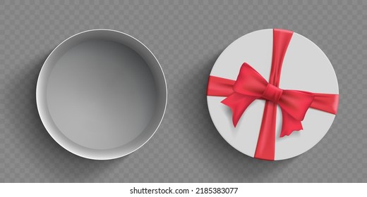 Empty round open cardboard box with red bow and ribbon. Mockup isolated on transparent background. Vector template