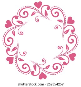 Empty round ornamental frame isolated on white background. Pink design element for birthday, love card, wedding invitations. vector illustration.