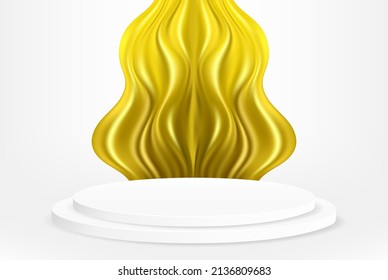 Empty round pedestal with golden wavy element. White circle awarded winner podium, luxury goods promotional display on white gradient background.