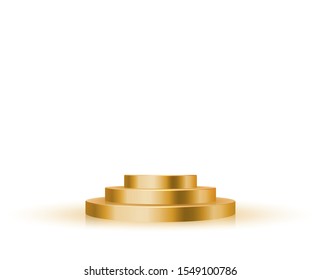 Empty round pedestal or platform for display, for design. Realistic 3D podium on white background. Vector illustration.