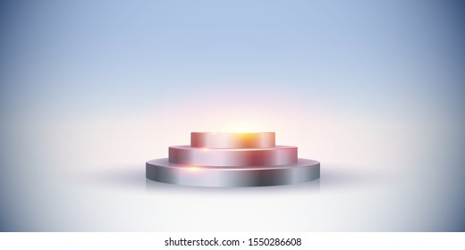 Empty round pedestal or platform for display, for design. Realistic 3D podium on white background. Vector illustration.