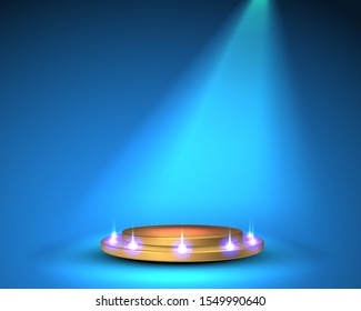 Empty round pedestal or platform illuminated by spotlights. Stage with scenic lights. Realistic 3D podium on show background. Vector illustration.