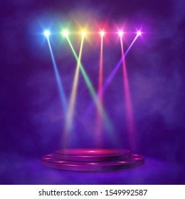 Empty round pedestal or platform illuminated by spotlights. Stage with scenic lights. Realistic 3D podium on show background. Vector illustration. - Shutterstock ID 1549992587
