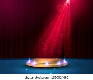 Empty round pedestal or platform illuminated by spotlights. Stage with scenic lights. Realistic 3D podium on show background. Vector illustration.