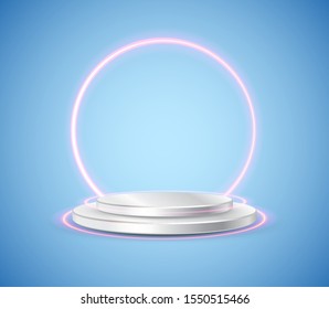 Empty round pedestal or platform illuminated by spotlights. Realistic 3D podium on show background. Vector illustration.