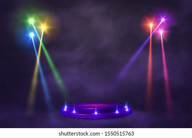 Empty round pedestal or platform illuminated by spotlights. Stage with scenic lights. Realistic 3D podium on show background. Vector illustration.