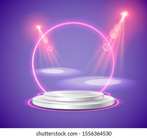 Empty round pedestal or platform illuminated by spotlights. Realistic 3D podium on show background. Vector illustration.