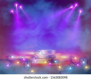 Empty round pedestal or platform illuminated by spotlights. Realistic 3D podium on show background of Luminous Garlands. Vector illustration.