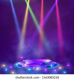 Empty round pedestal or platform illuminated by spotlights. Realistic 3D podium on show background of Luminous Garlands. Vector illustration.