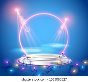 Empty round pedestal or platform illuminated by spotlights. Realistic 3D podium on show background of Luminous Garlands. Vector illustration.