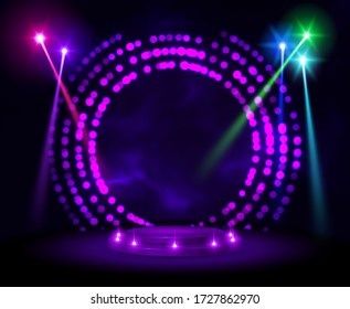 pedestal o plataforma redondeada vacía iluminada por focos. Escenario con luces escénicas. Podio 3D realista sobre el fondo del espectáculo. Ilustración vectorial.