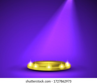 Empty round pedestal or platform illuminated by spotlights. Stage with scenic lights. Realistic 3D podium on show background. Vector illustration.
