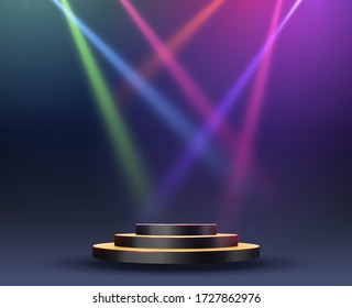 Empty round pedestal or platform illuminated by spotlights. Stage with scenic lights. Realistic 3D podium on show background. Vector illustration.
