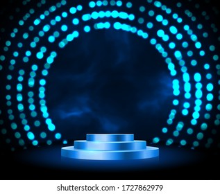Empty round pedestal or platform illuminated by spotlights. Stage with scenic lights. Realistic 3D podium on show background. Vector illustration.