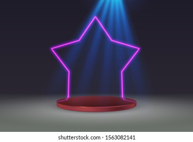 An empty round pedestal or platform with a neon frame illuminated by spotlights. Realistic 3D podium on a show background. Vector illustration
