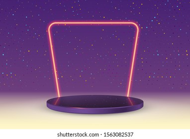 An empty round pedestal or platform with a neon frame illuminated by spotlights. Realistic 3D podium on a show background. Vector illustration