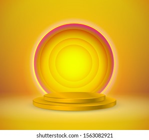 An empty round pedestal or platform with a neon frame illuminated by spotlights. Realistic 3D podium on a show background. Vector illustration